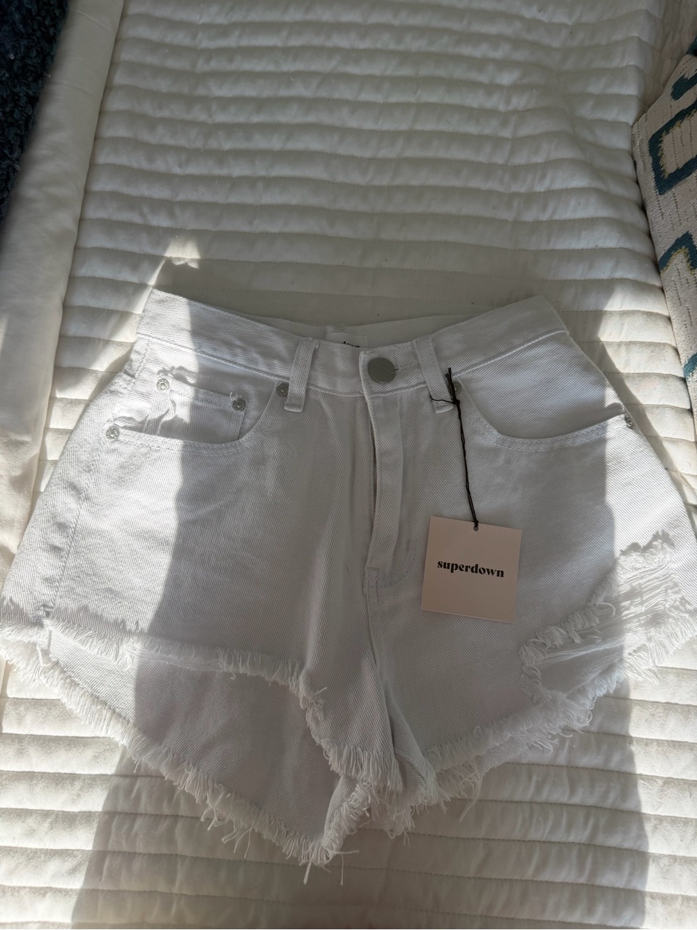 superdown White Frayed Hem High-Rise Denim Shorts